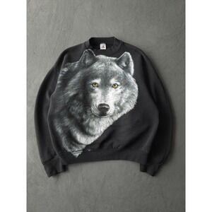 Vintage 90s Gray Wolf Black Crewneck Sweatshirt Made In USA L Big Graphic